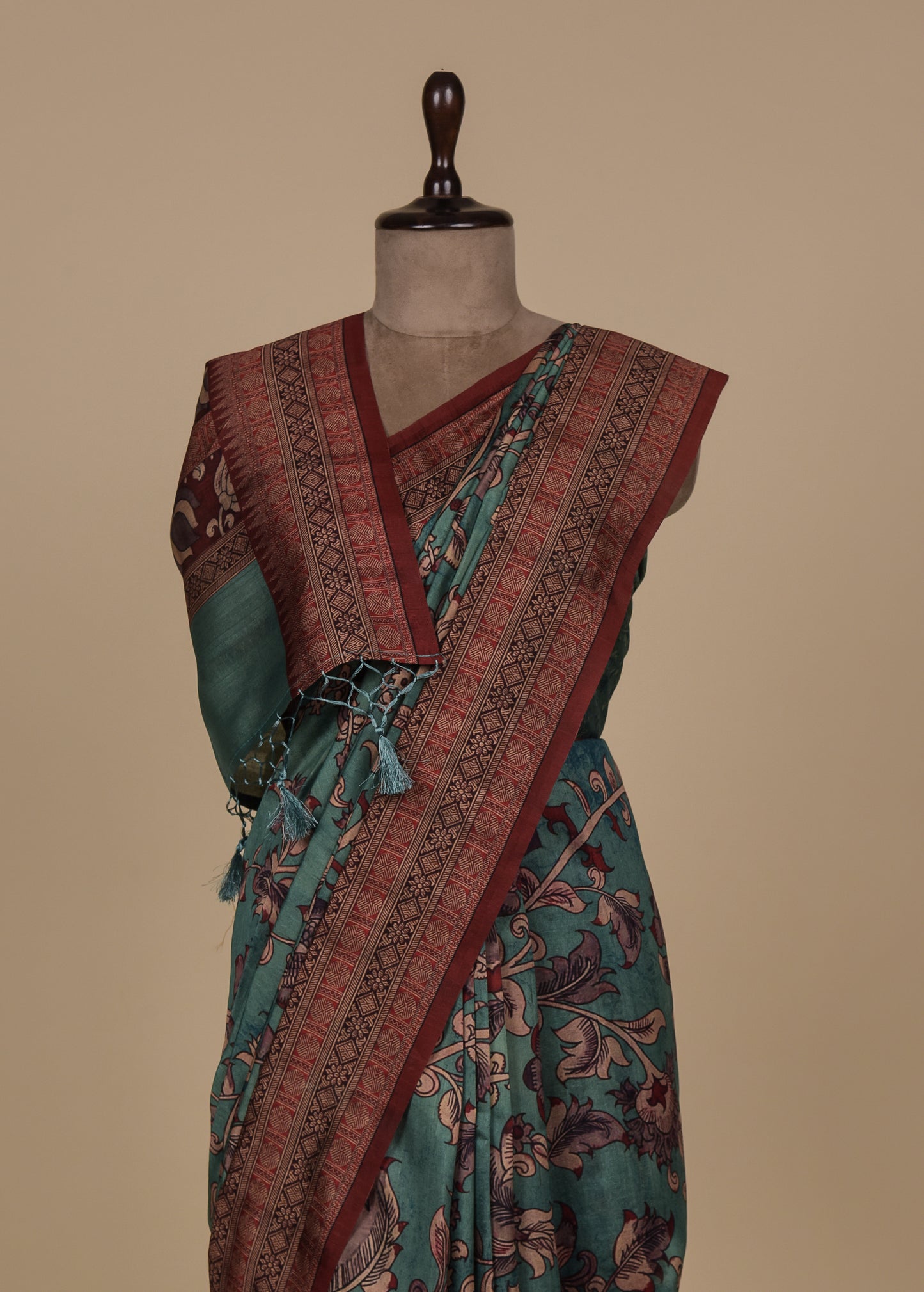 Blue Tussar Silk Printed Kalamkari Saree