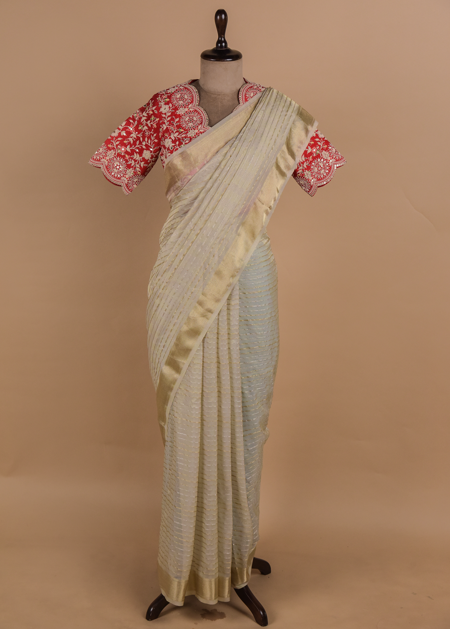 Cream Tissue Georgette Embroidered Saree