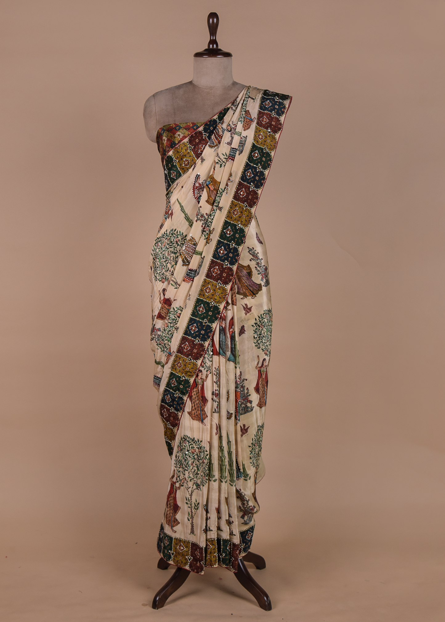 Cream Crepe Embroidered Saree