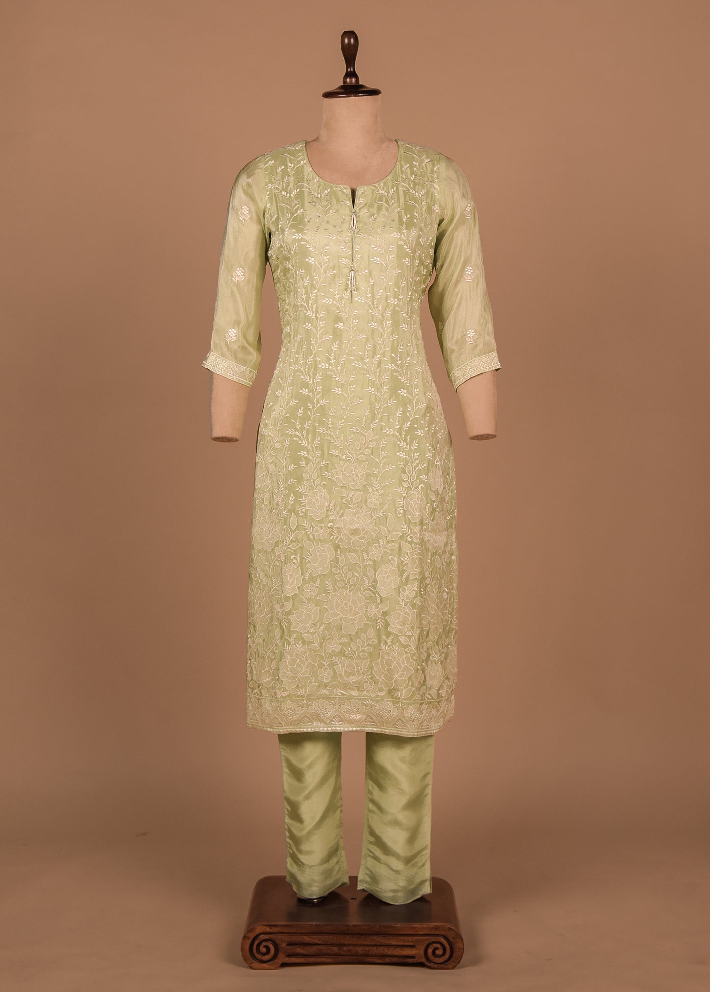 Green Cotton Silk Straight Set