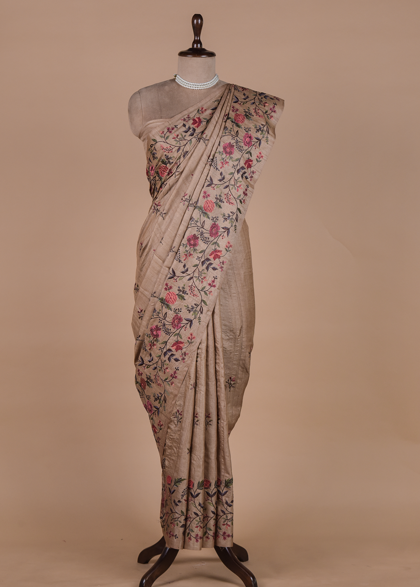 Beige Tussar Embroidered Saree