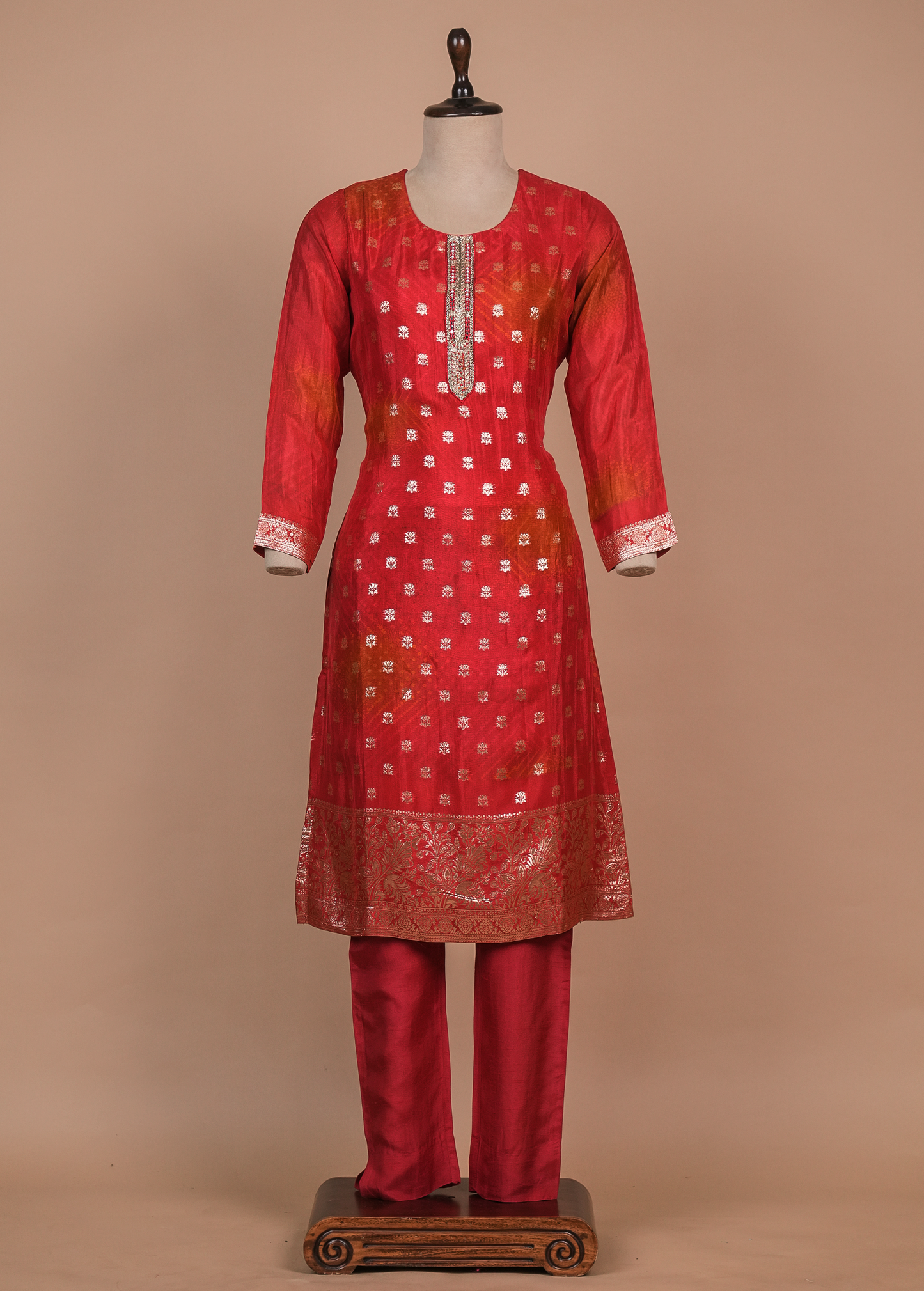 Red Cotton Silk Straight Set