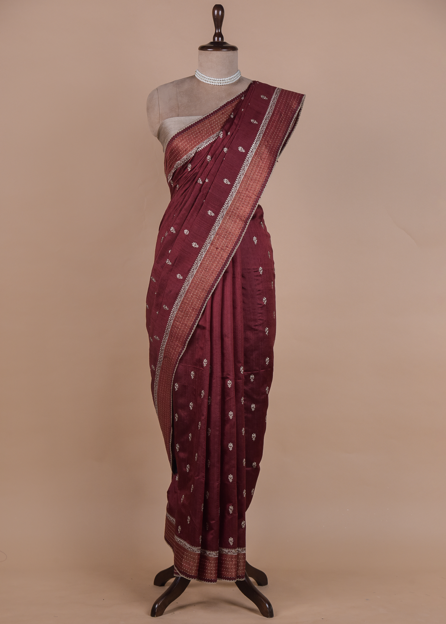 Red Handloom Tussar Embroidered Saree