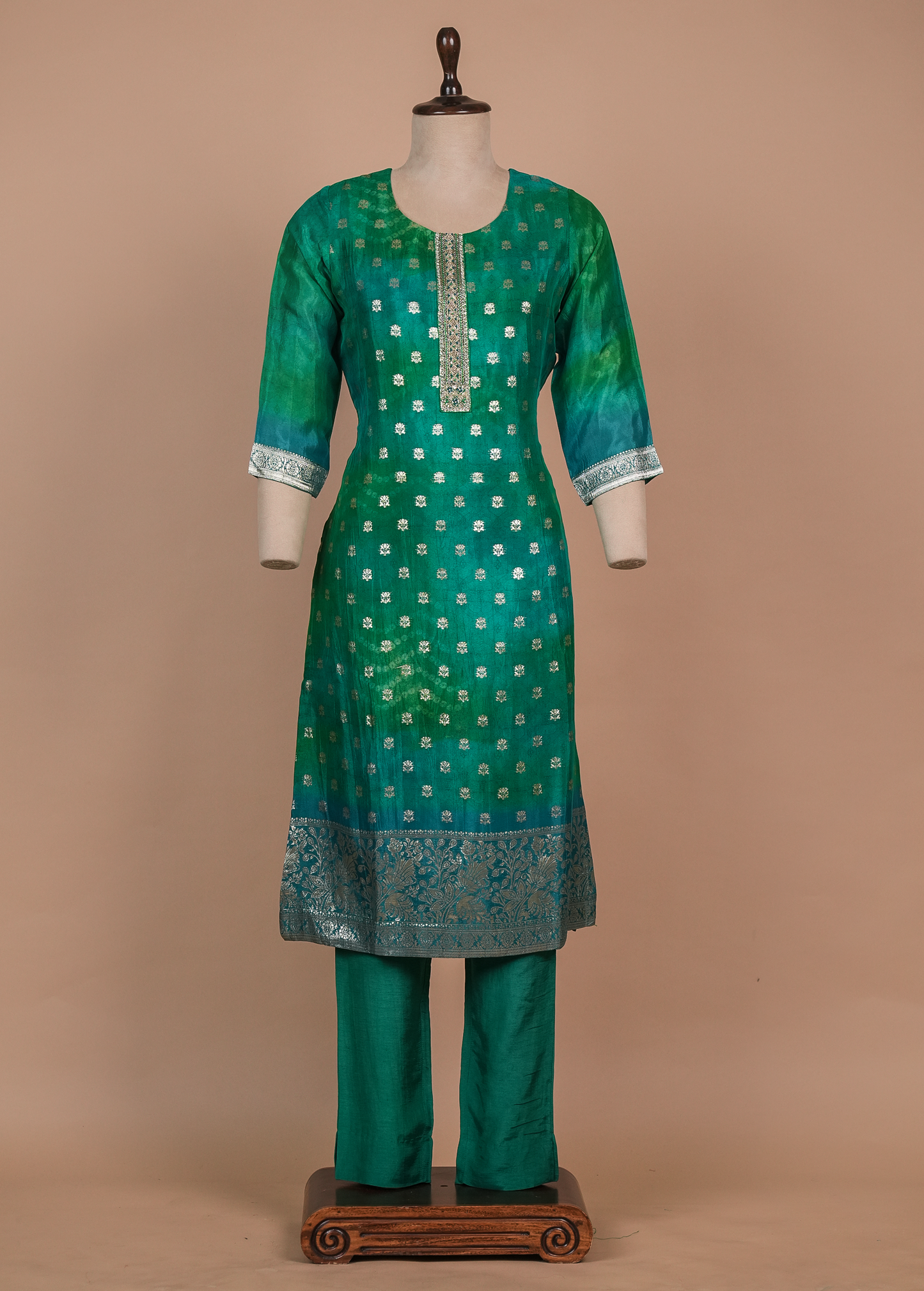 Green Cotton Silk Straight Set