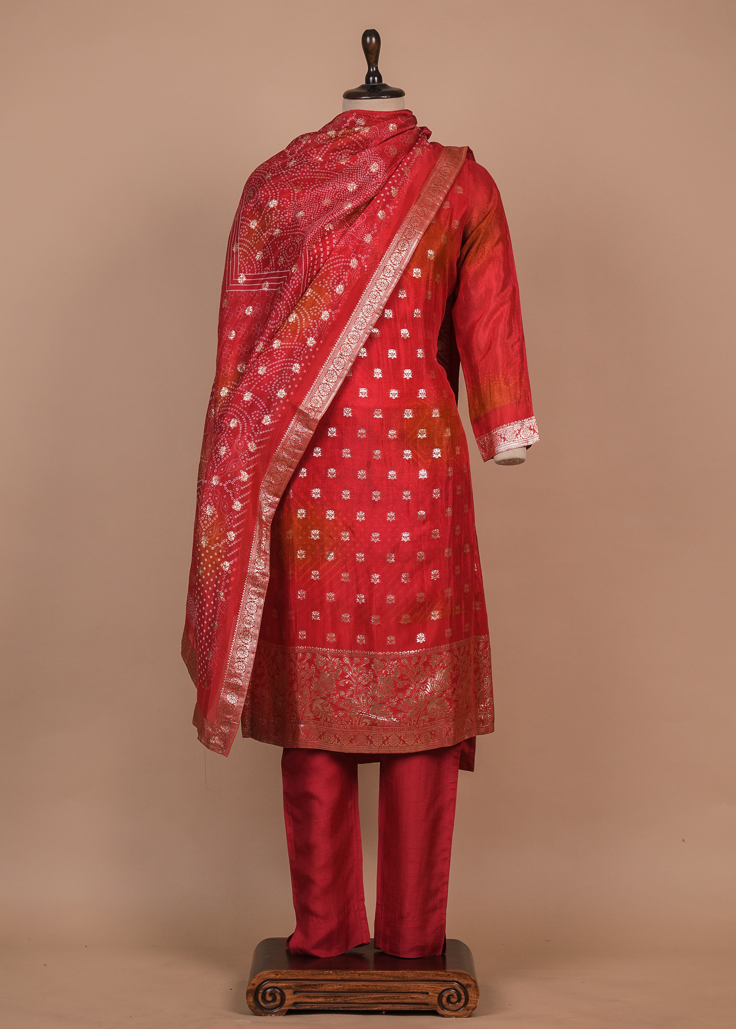 Red Cotton Silk Straight Set