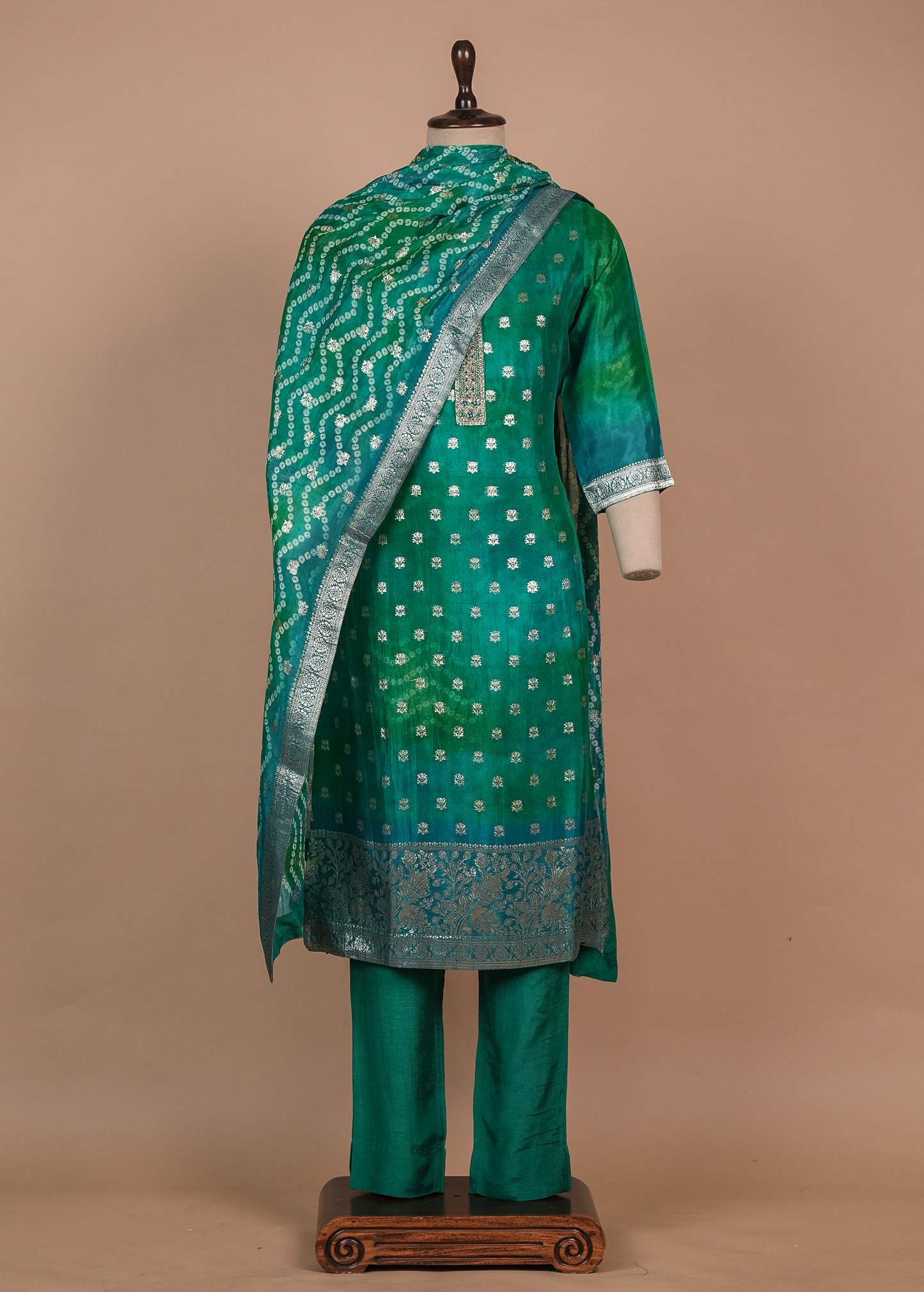 Green Cotton Silk Straight Set