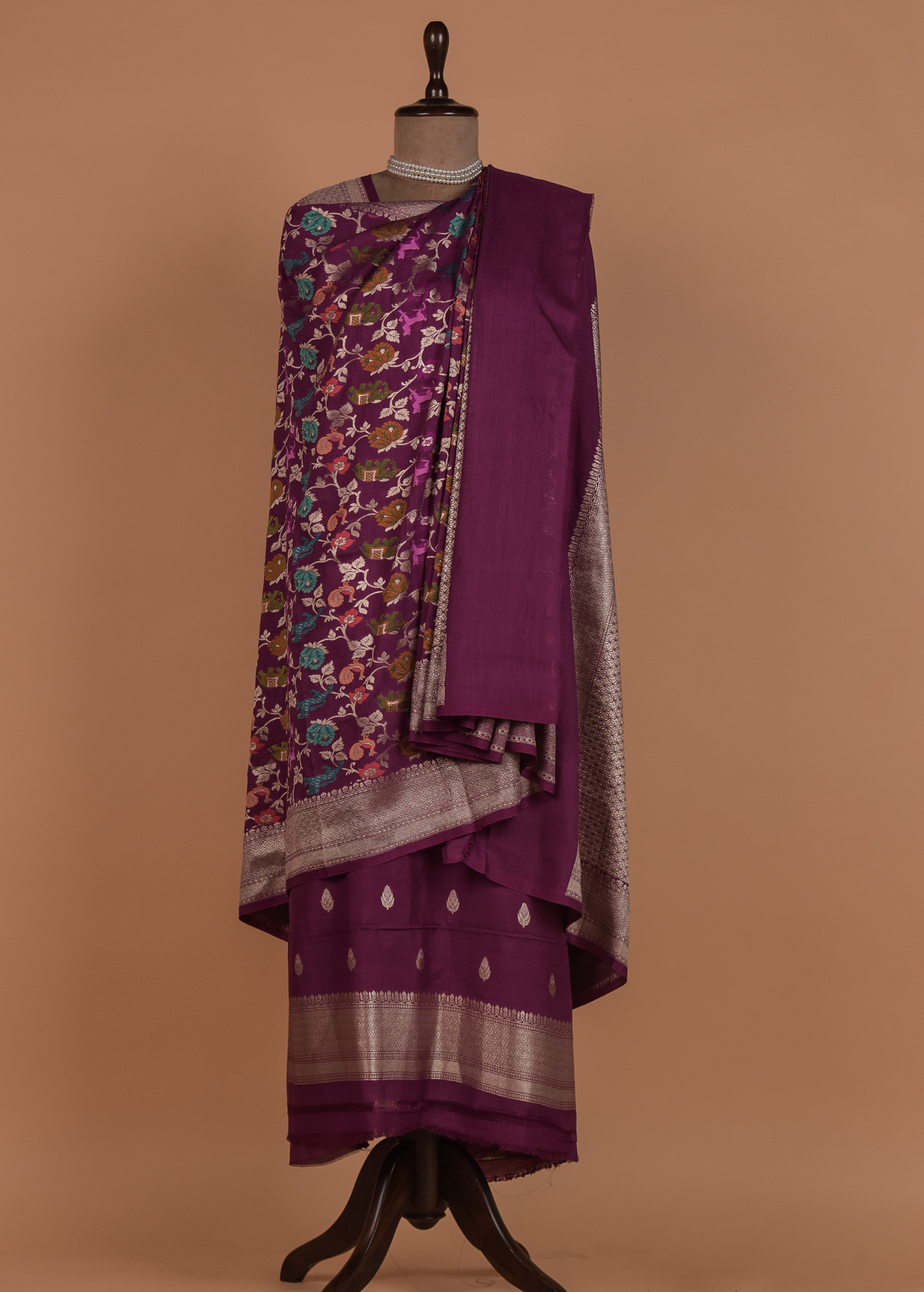 Wine Munga Tussar Silk Dress Material
