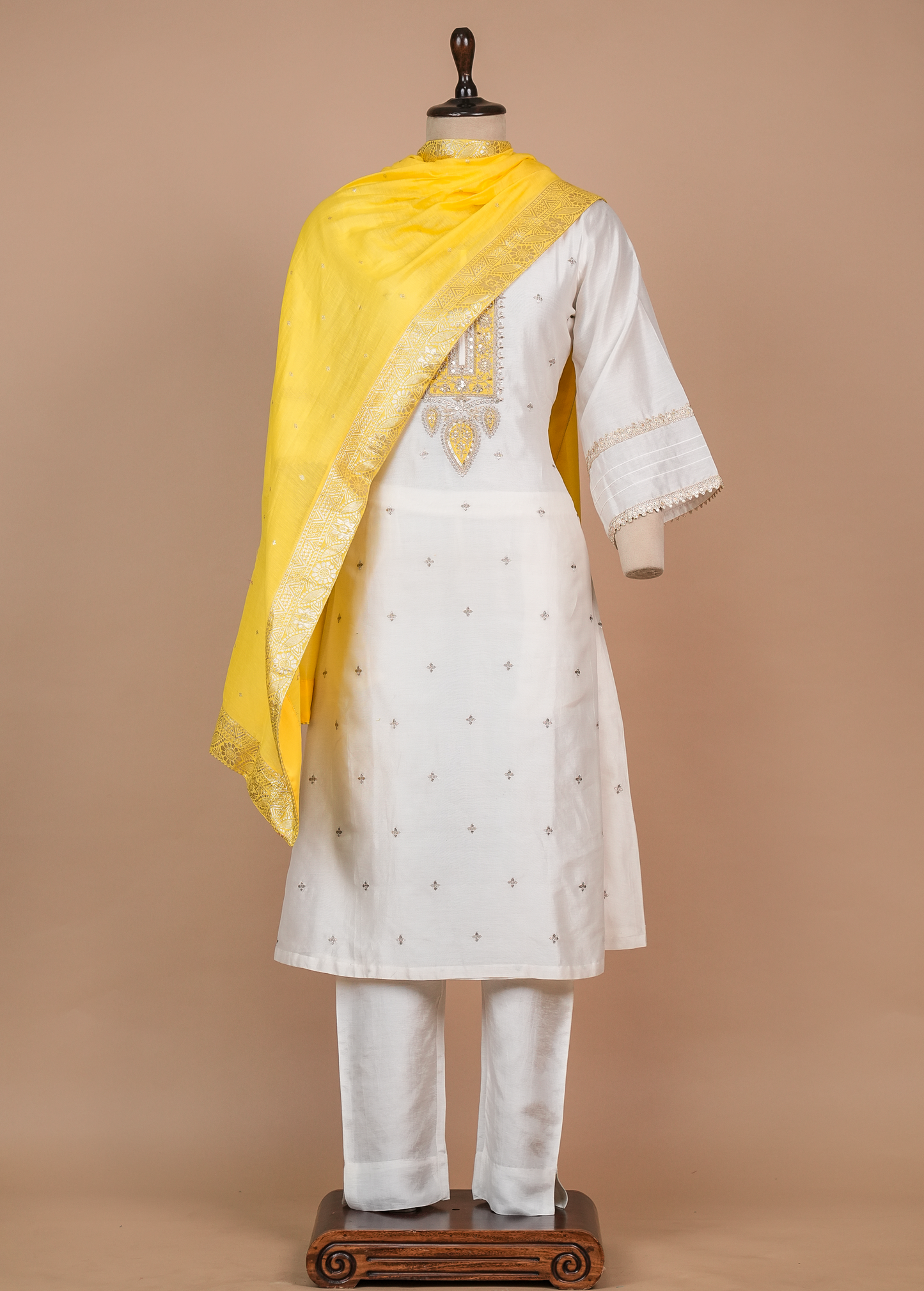White Cotton Silk Straight Set