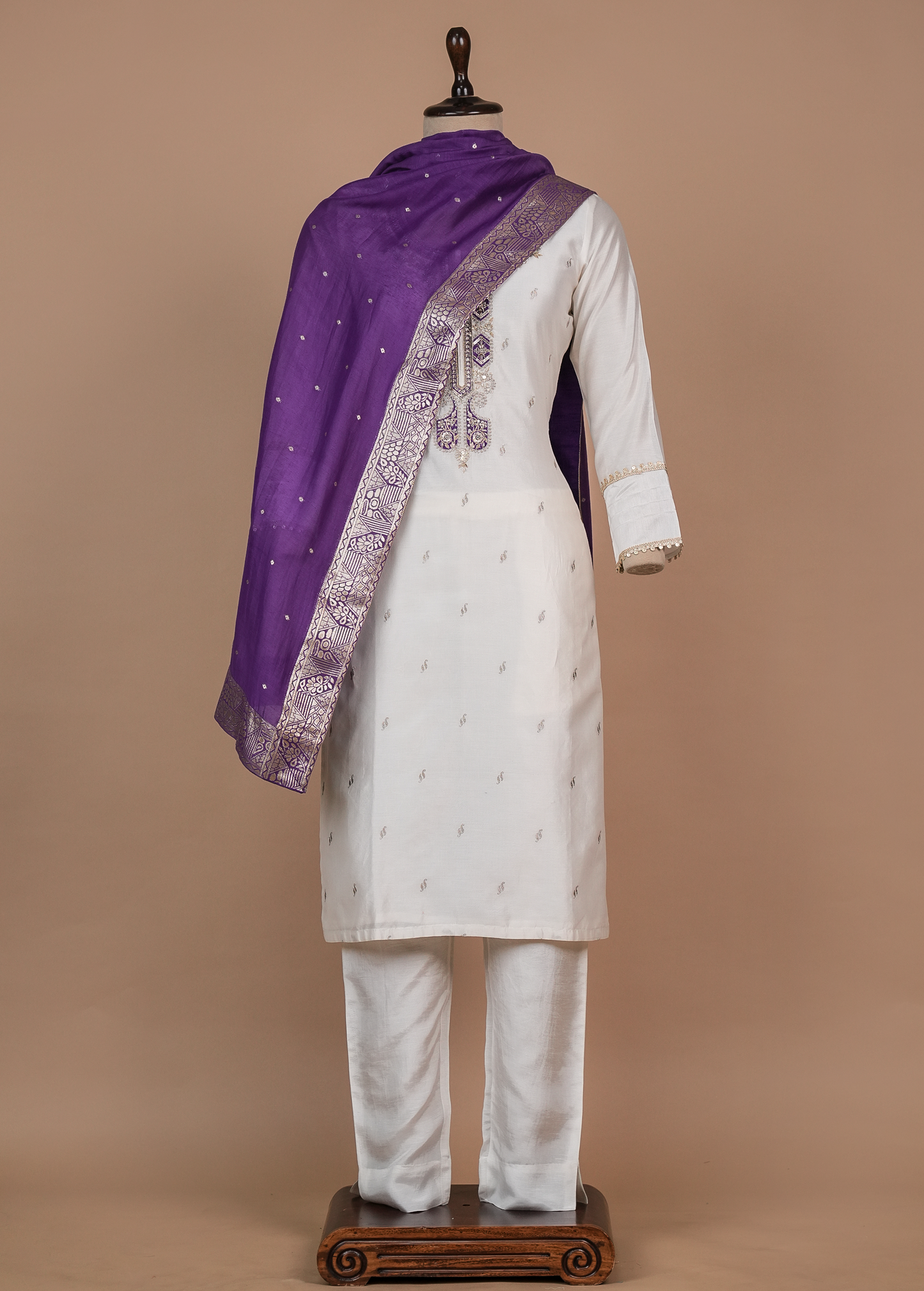 White Cotton Silk Straight Set