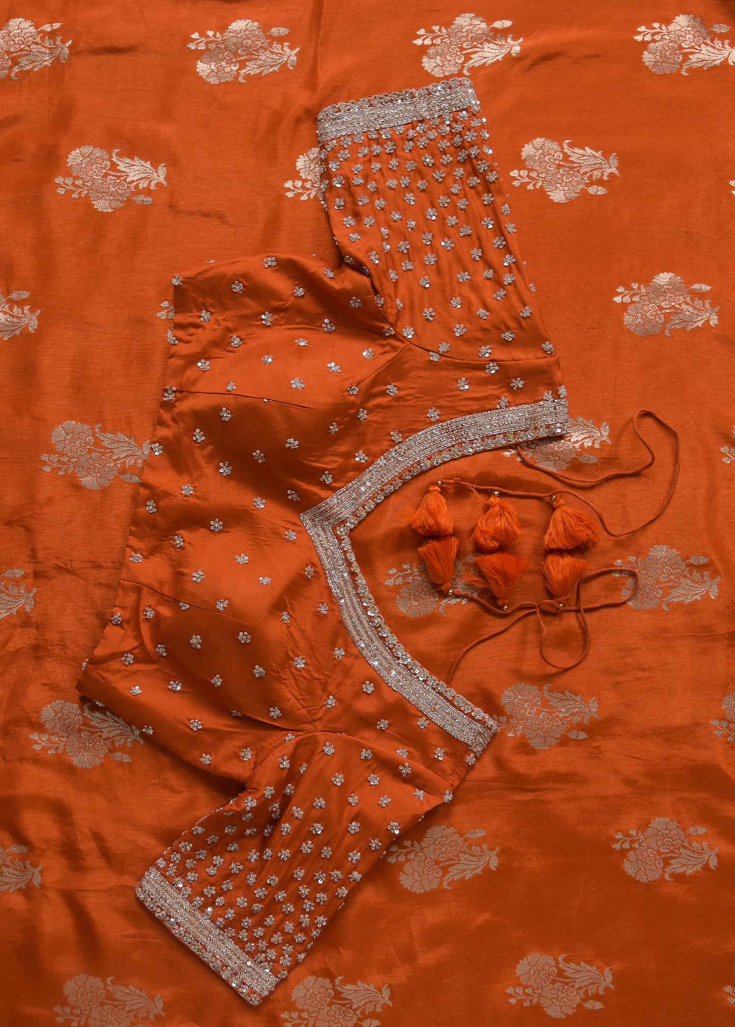 Orange Chinia Silk Embroidered Saree