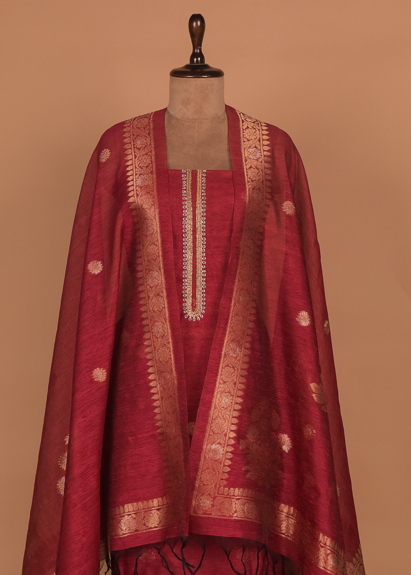 Red Cotton Tussar Dress Material