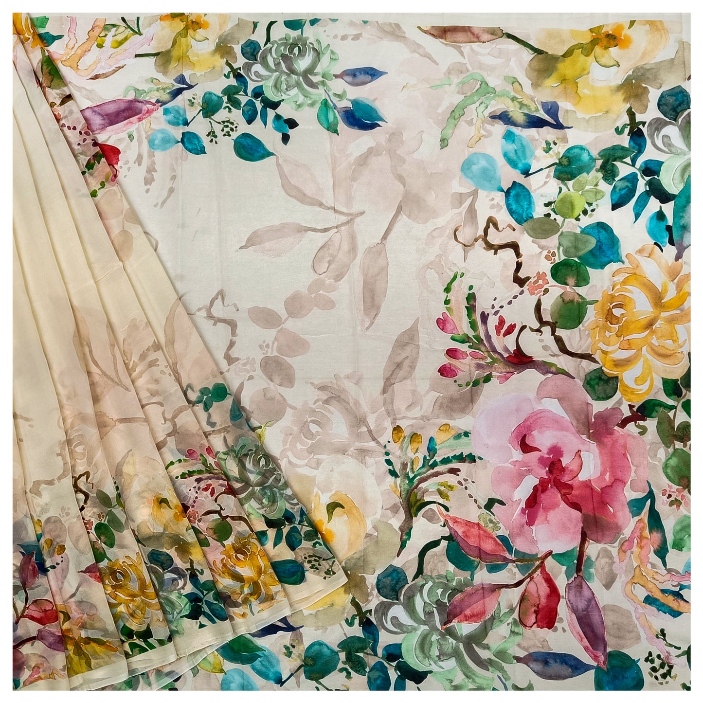 Cream Chiffon Printed Saree