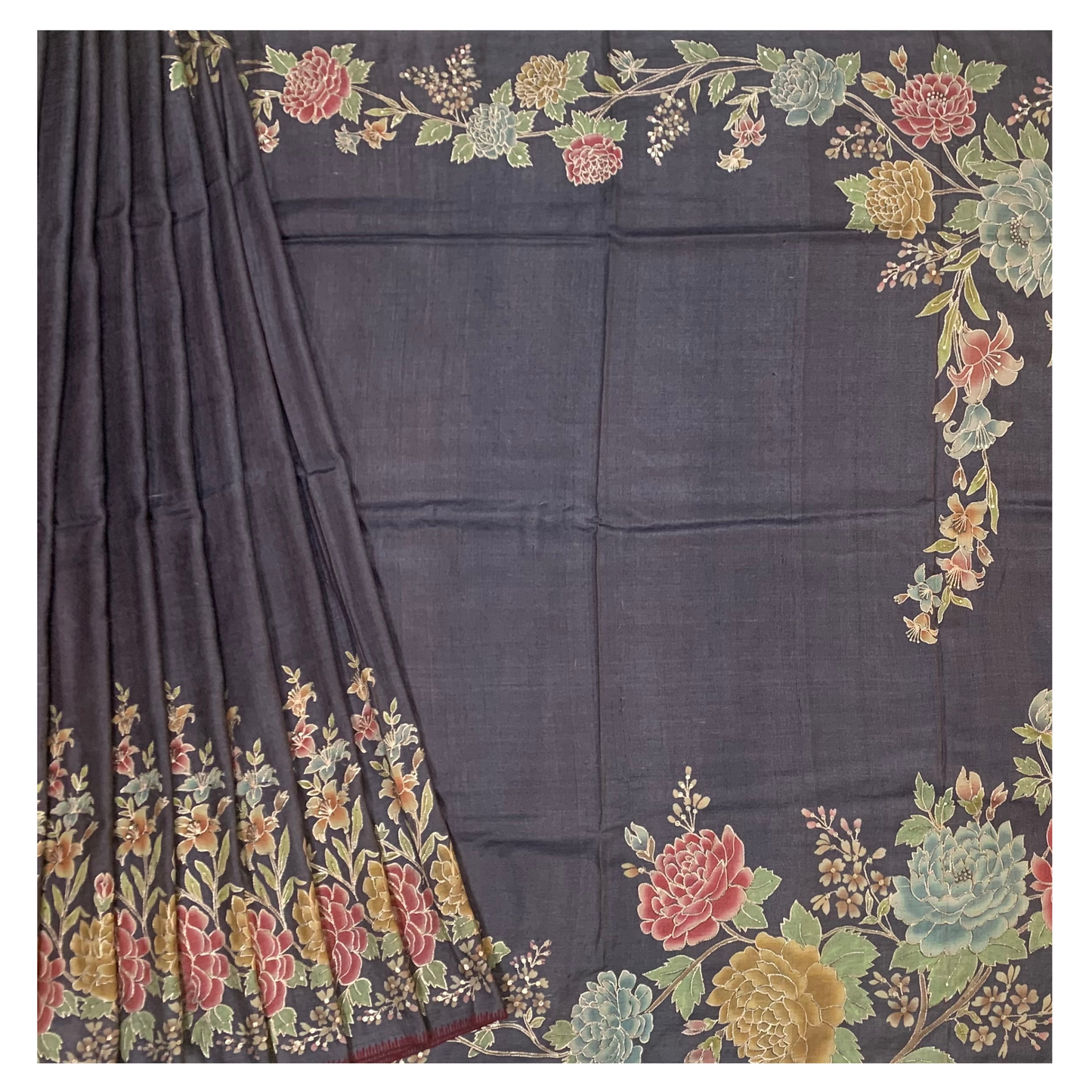 Black Tussar Designer/Embroidery Saree