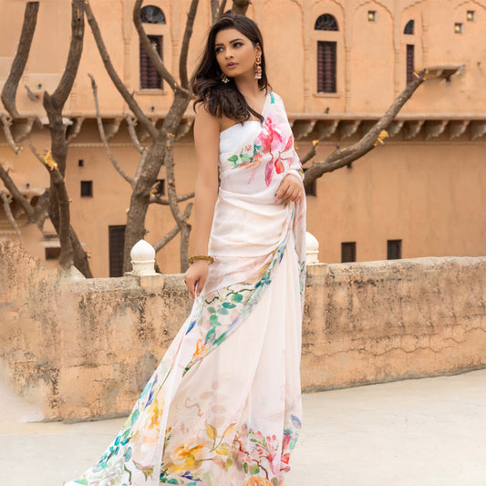 Cream Chiffon Printed Saree