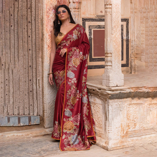 Red Tussar Embroidery Saree