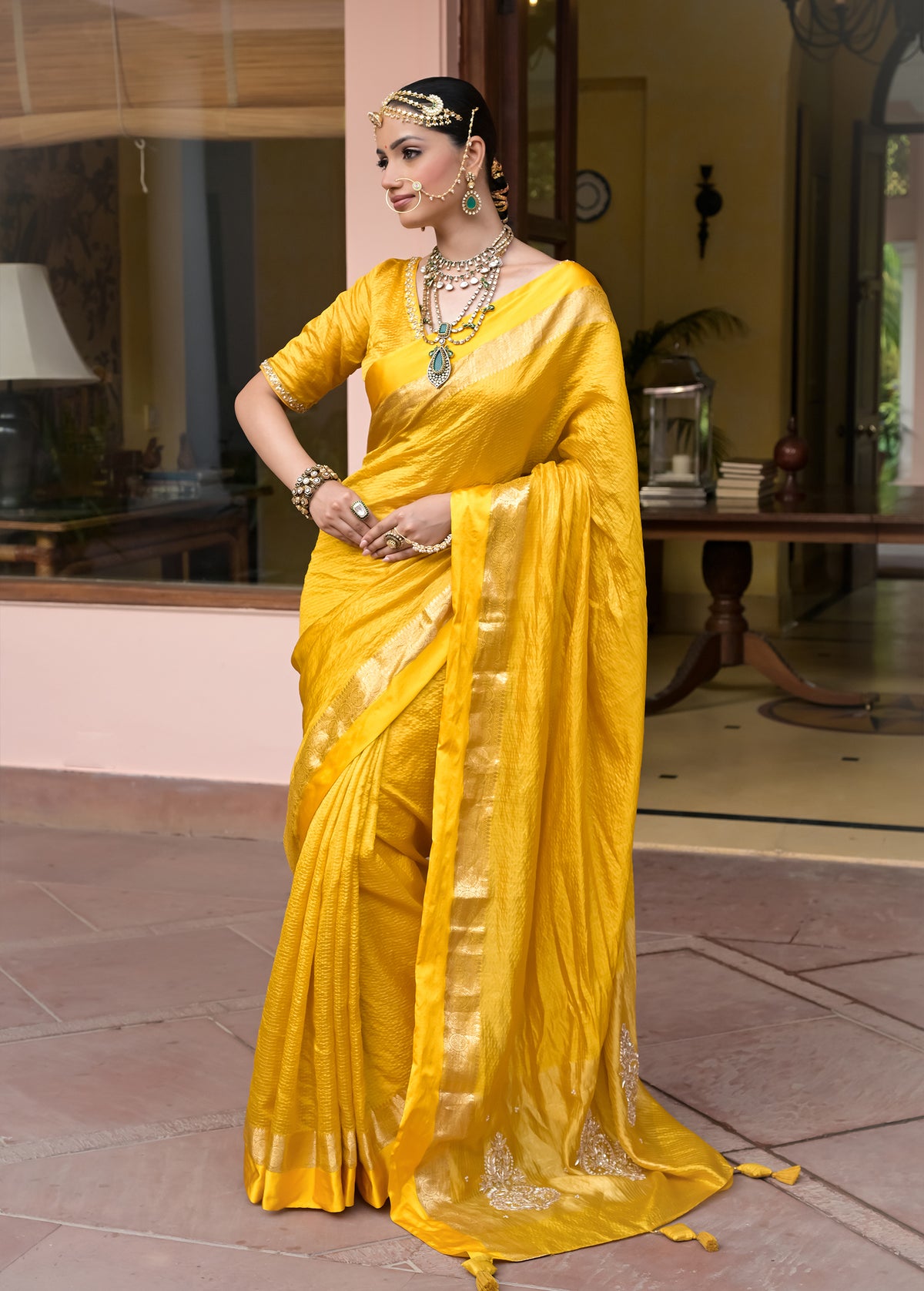 Yellow Chinia Silk Embroidered Saree