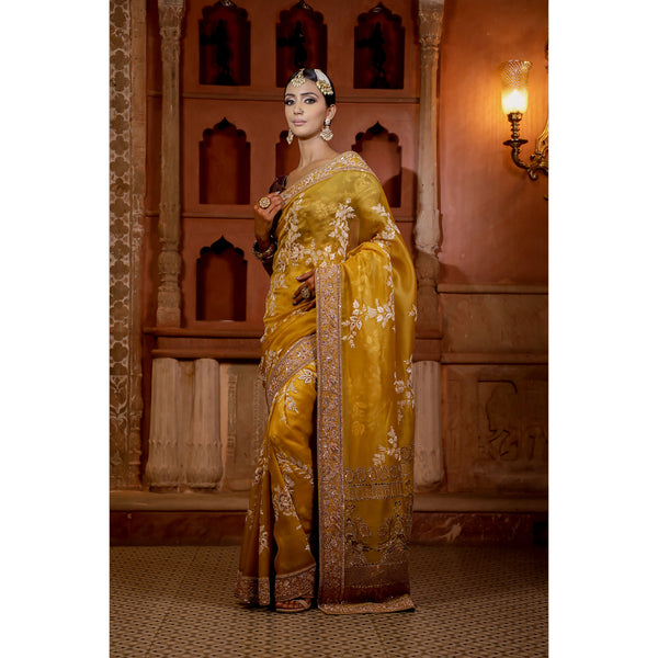 Yellow Organza Embroidered Saree