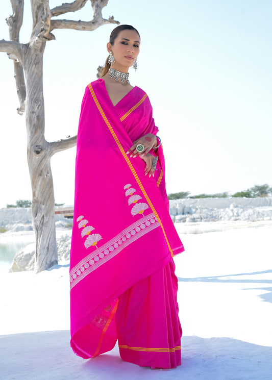 Pink Satin Silk Banarasi Saree,
