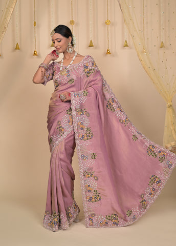 Pink Tissue Embroidered Saree