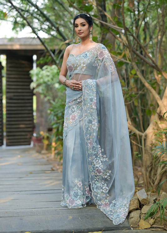 Blue Organza Embroidered Saree