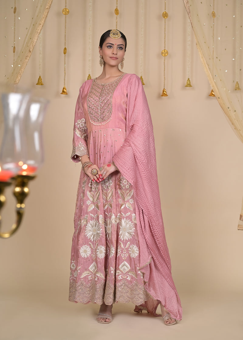 Pink Tissue Anarkali Set