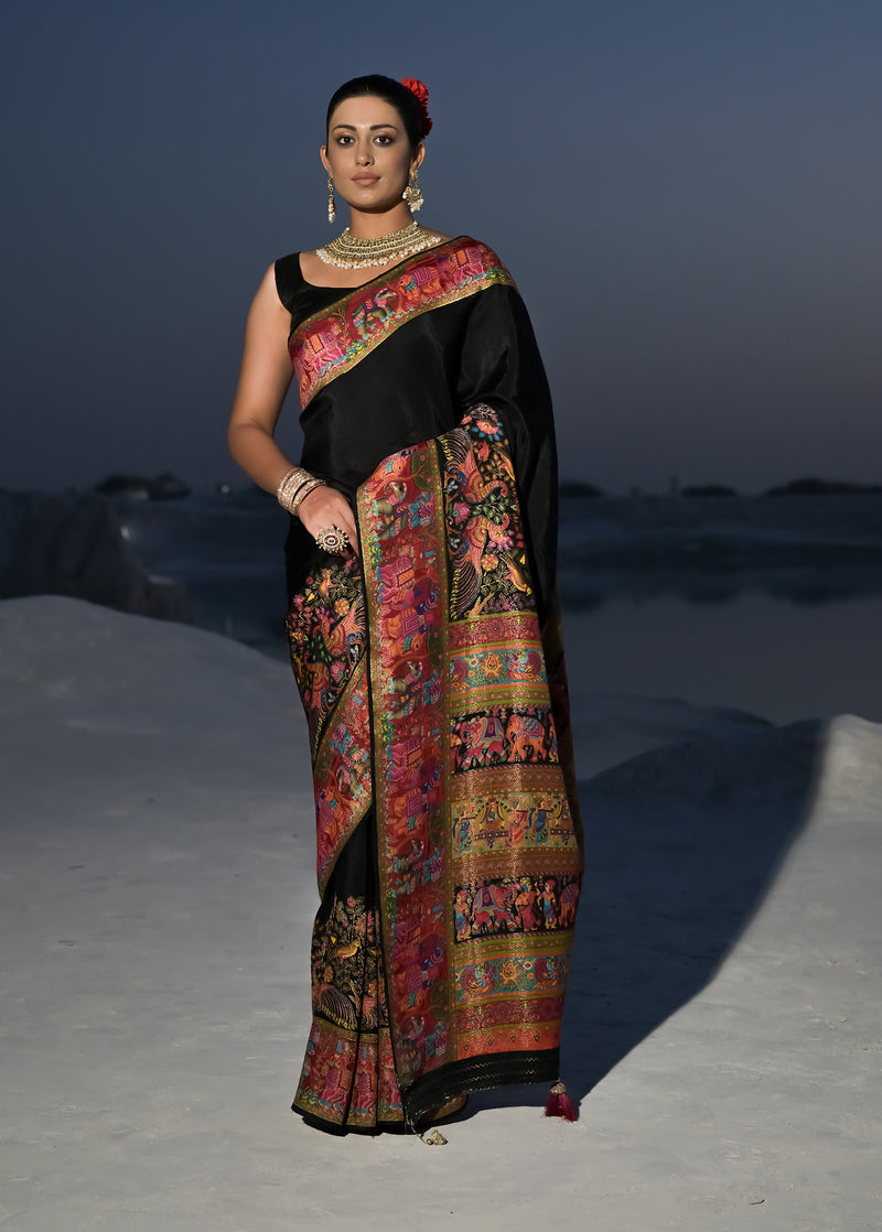 Black Crepe Silk Embroidered Saree