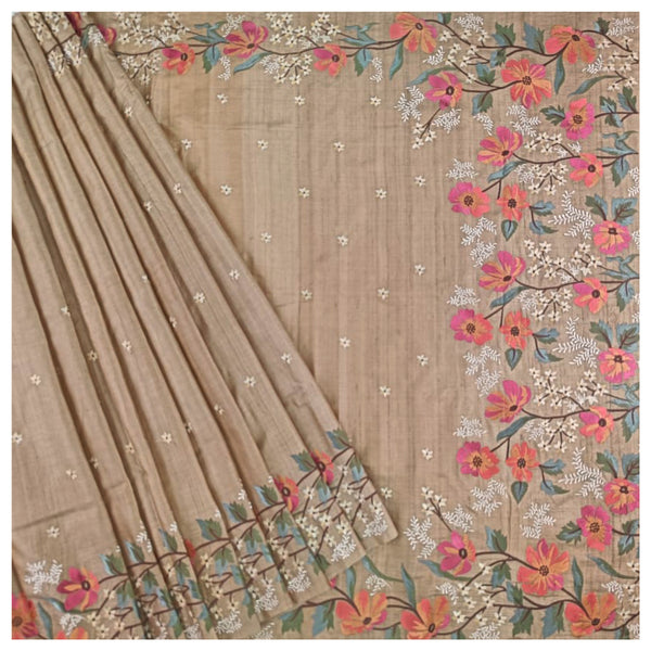 Beige Tussar Embroidered Saree