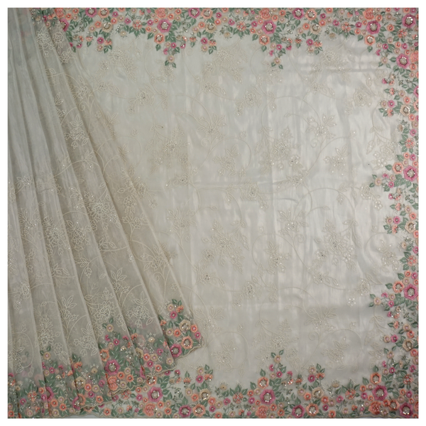 Cream Net Organza Embroidered Saree