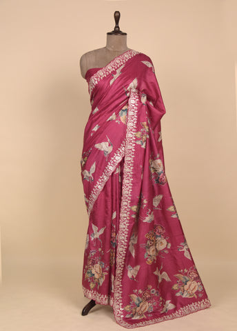 Red Tussar Embroidered Saree