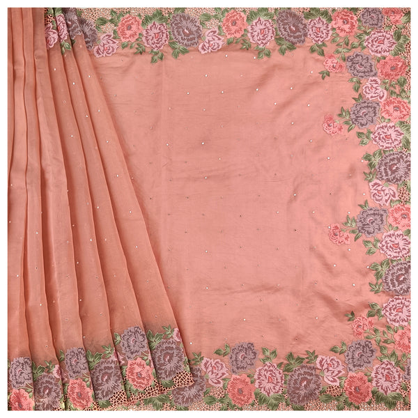 Peach Organza Embroidered Saree
