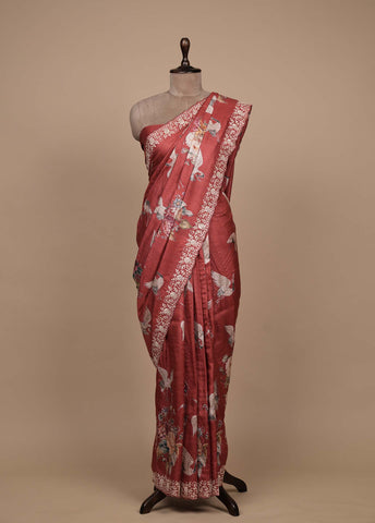 Red Tussar Embroidered Saree