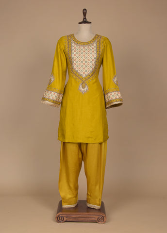 Yellow Cotton Silk Straight Set