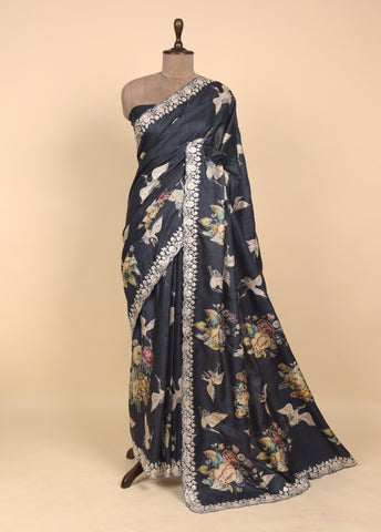 Blue Tussar Embroidered Saree