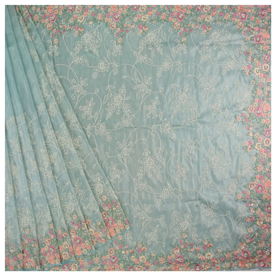 Blue Tissue Organza Embroidered Saree