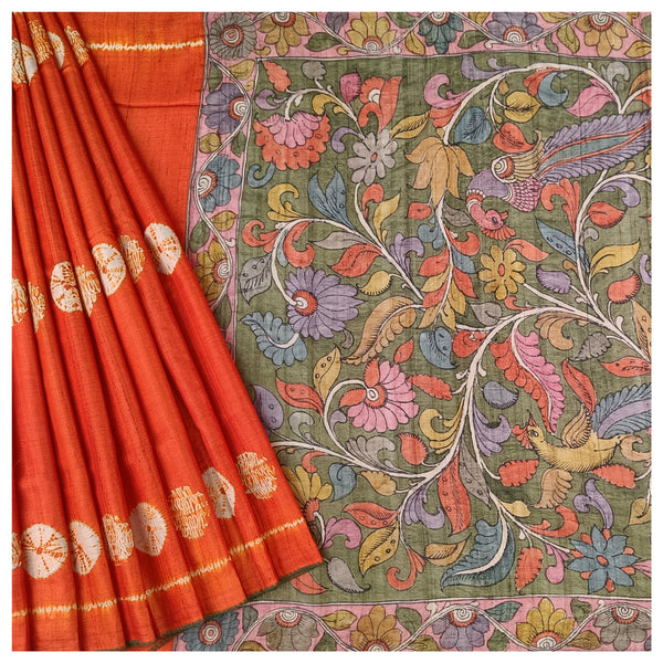 Orange Tussar Printed Saree