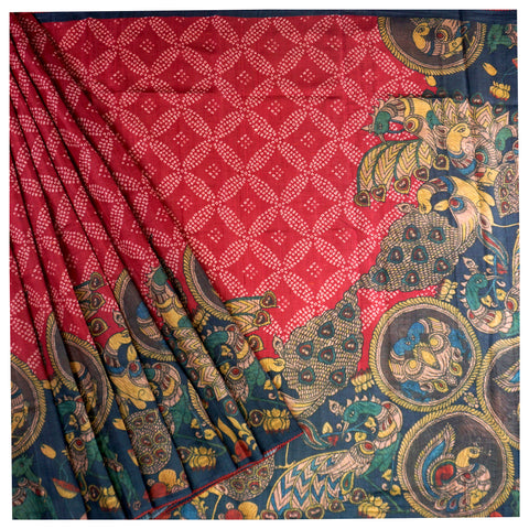 Kalamkari semi silk saree blue and pink with allover floral prints and –  Cherrypick