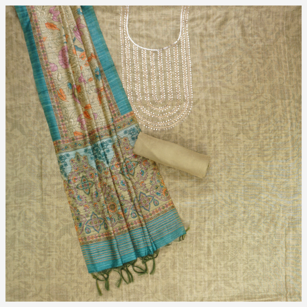 Beige Tussar Cotton Dress Material