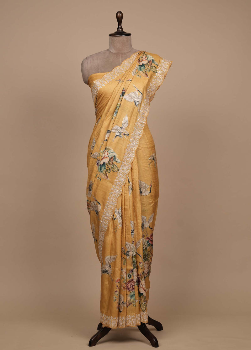 Yellow Tussar Embroidered Saree