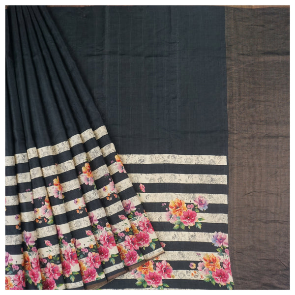 Black and White Tussar Printed Saree