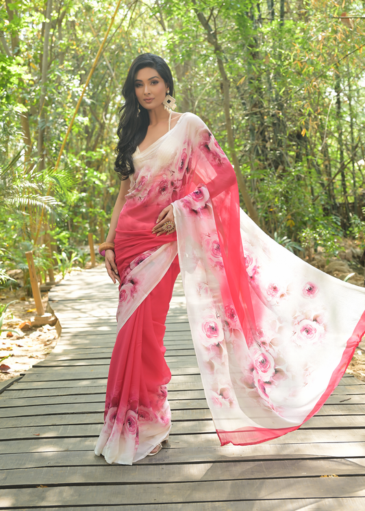 Pink Chiffon Printed Saree