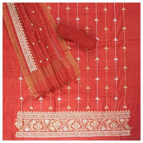 Red Tussar Dress Material