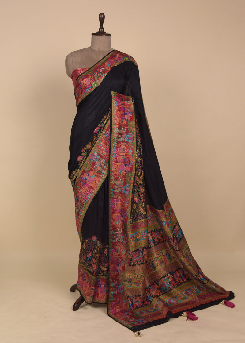 Black Crepe Silk Embroidered Saree