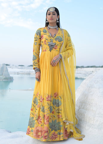 Yellow Moroccan Silk Anarkali Set