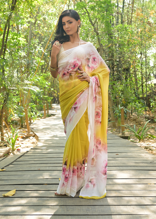 Green Chiffon Printed Saree