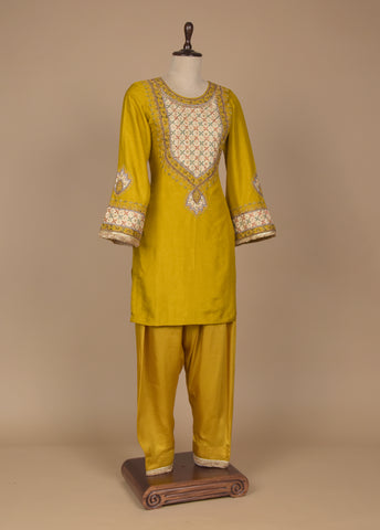 Yellow Cotton Silk Straight Set