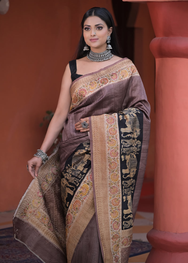 Brown Tussar Banarasi Saree