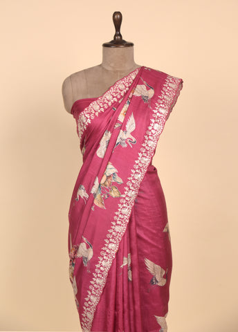 Red Tussar Embroidered Saree