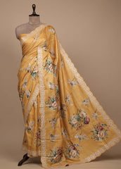 Yellow Tussar Embroidered Saree