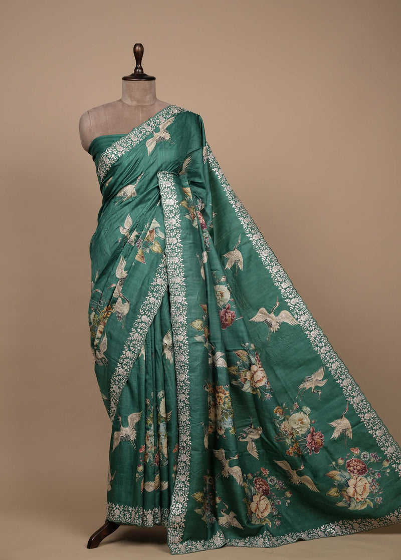 Green Tussar Embroidered Saree