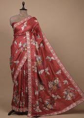 Red Tussar Embroidered Saree